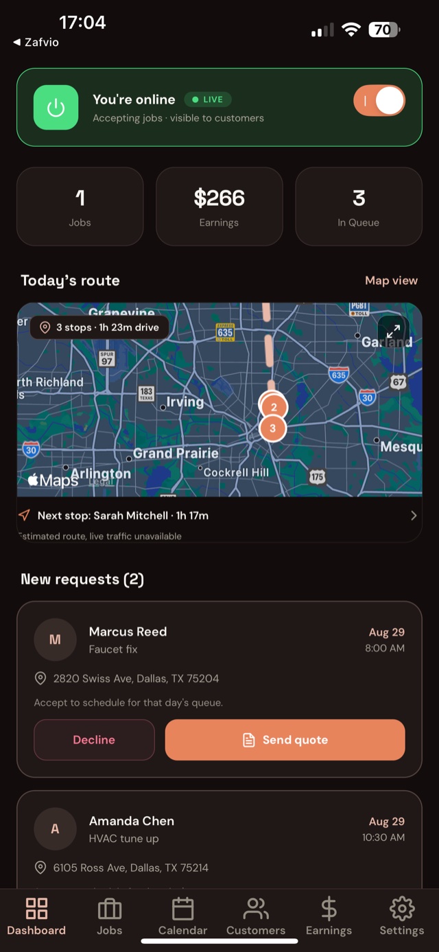 Zafvio Pro dashboard: online toggle, jobs and earnings for the day, today's route on a map, and two new job requests